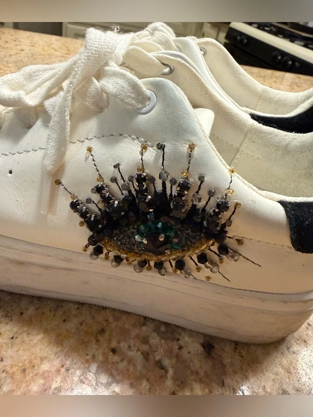 Kurt Geiger White Leather Platform Sneaker with Beaded Eye Motif